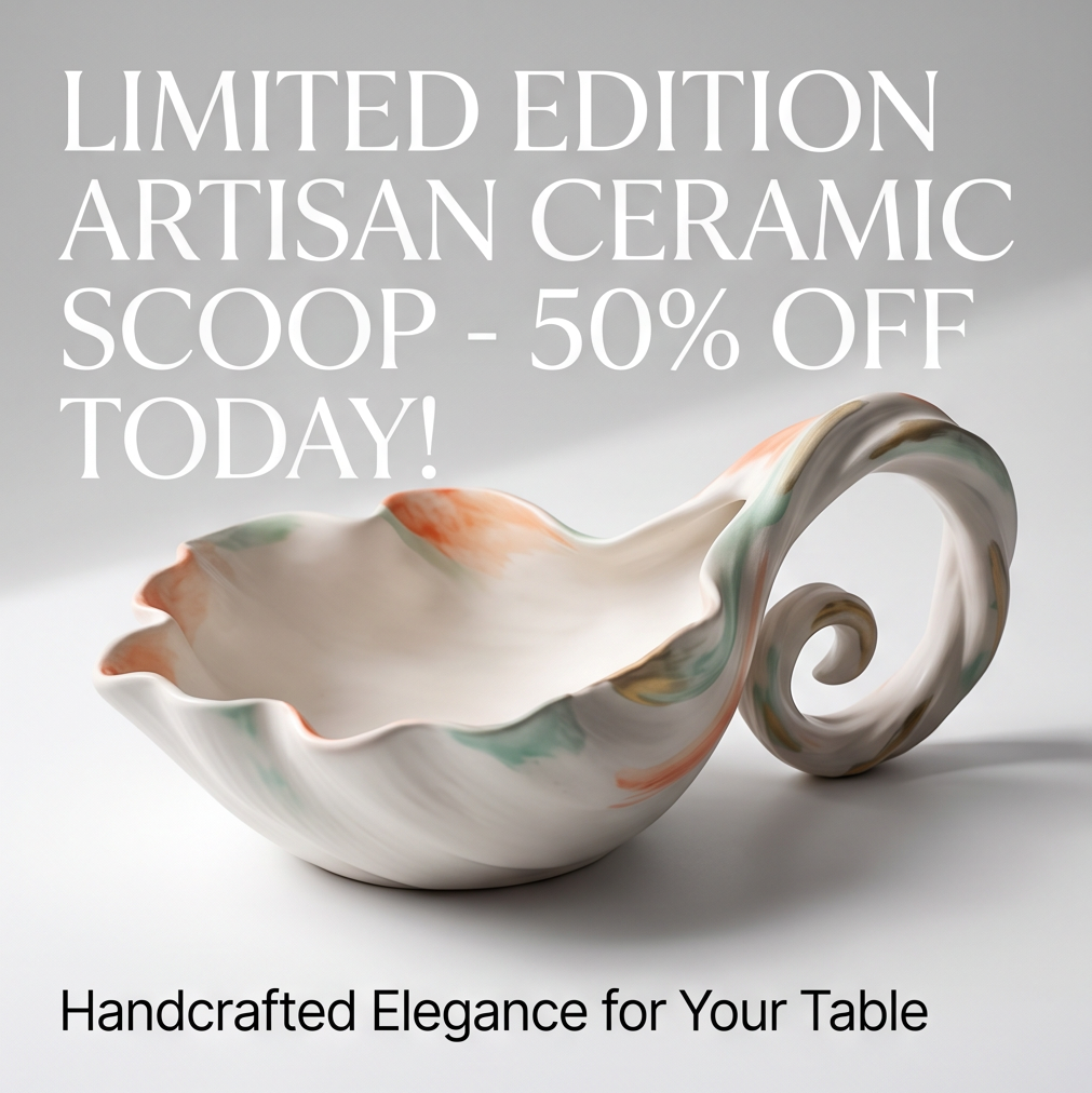 Scalloped Ceramic Serving Spoon with Scroll Handle