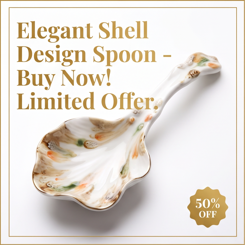 Shell-Shaped Ceramic Spoon with Gold Trim