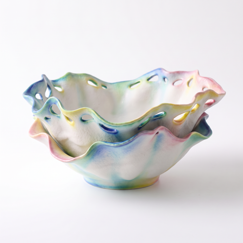 Pastel Ruffled Ceramic Serving Bowl Set