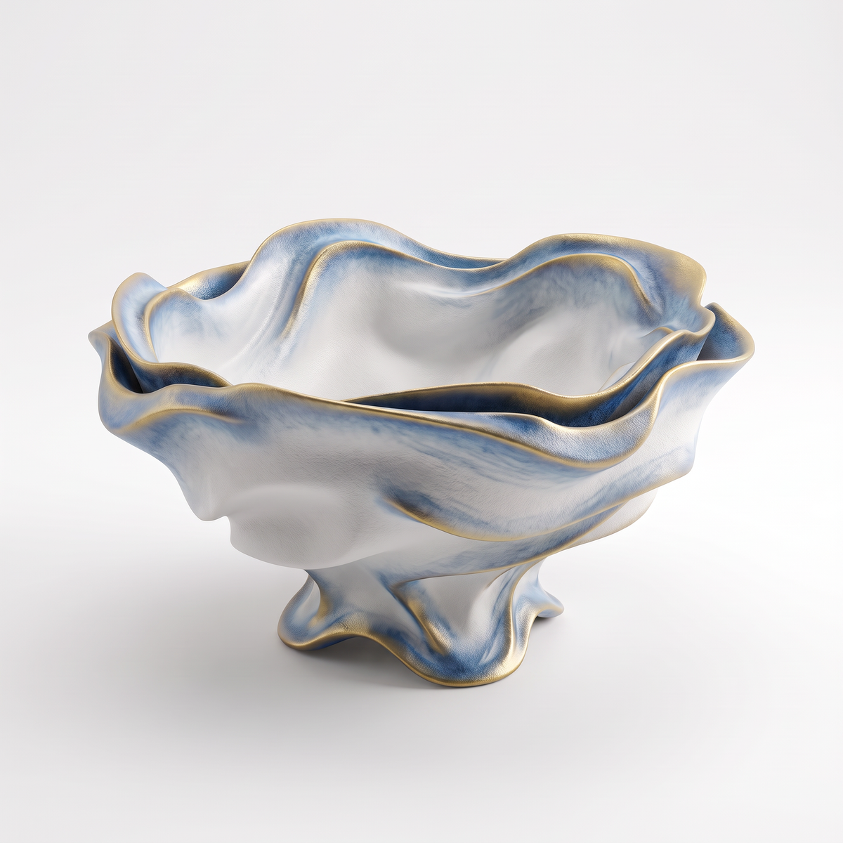 Blue-White Wavy Ceramic Footed Serving Bowl
