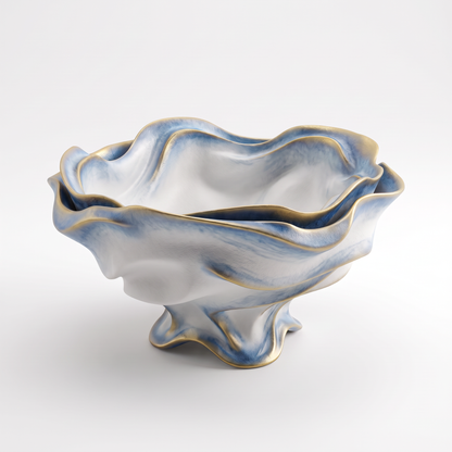 Blue-White Wavy Ceramic Footed Serving Bowl