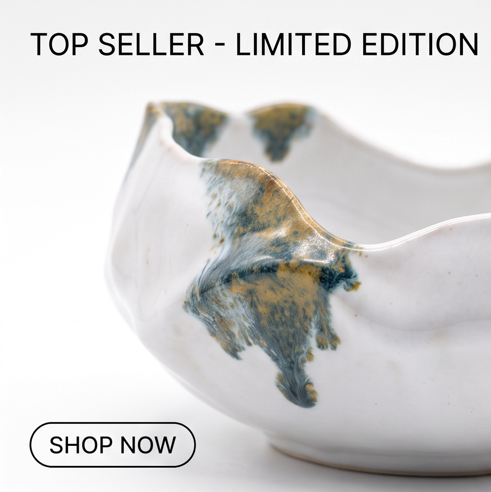 White Wavy-Rim Ceramic Bowl with Blue and Gold Glaze
