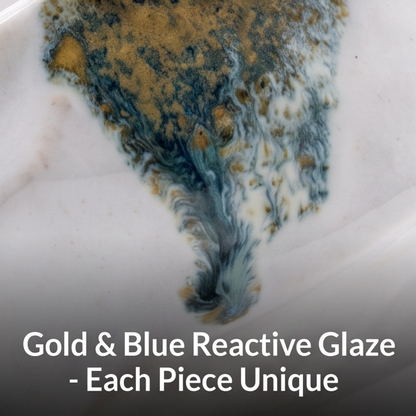 White Wavy-Rim Ceramic Bowl with Blue and Gold Glaze