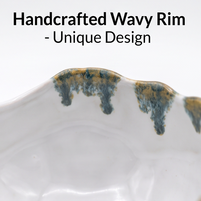 White Wavy-Rim Ceramic Bowl with Blue and Gold Glaze