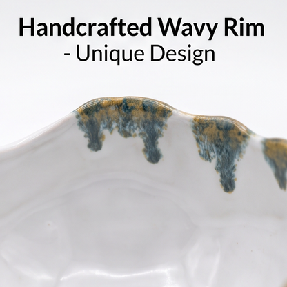 White Wavy-Rim Ceramic Bowl with Blue and Gold Glaze