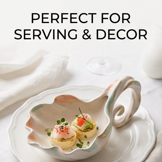 Scalloped Ceramic Serving Spoon with Scroll Handle