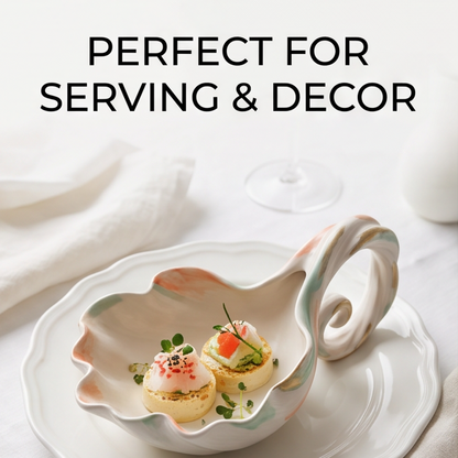 Scalloped Ceramic Serving Spoon with Scroll Handle