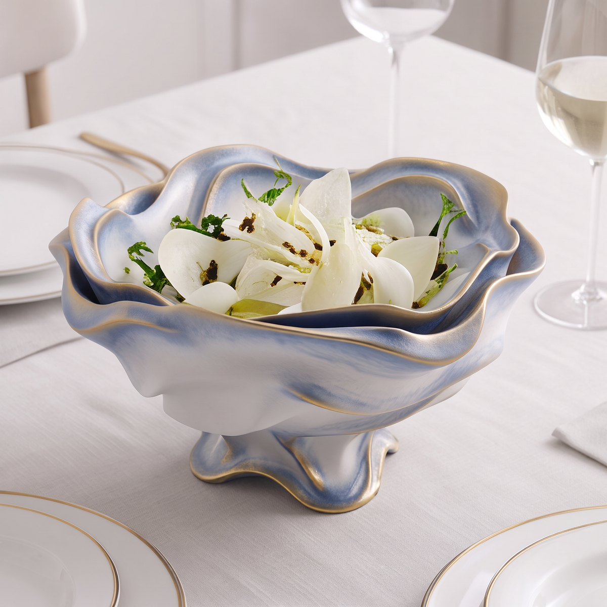 Blue-White Wavy Ceramic Footed Serving Bowl