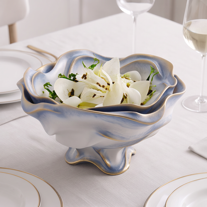 Blue-White Wavy Ceramic Footed Serving Bowl