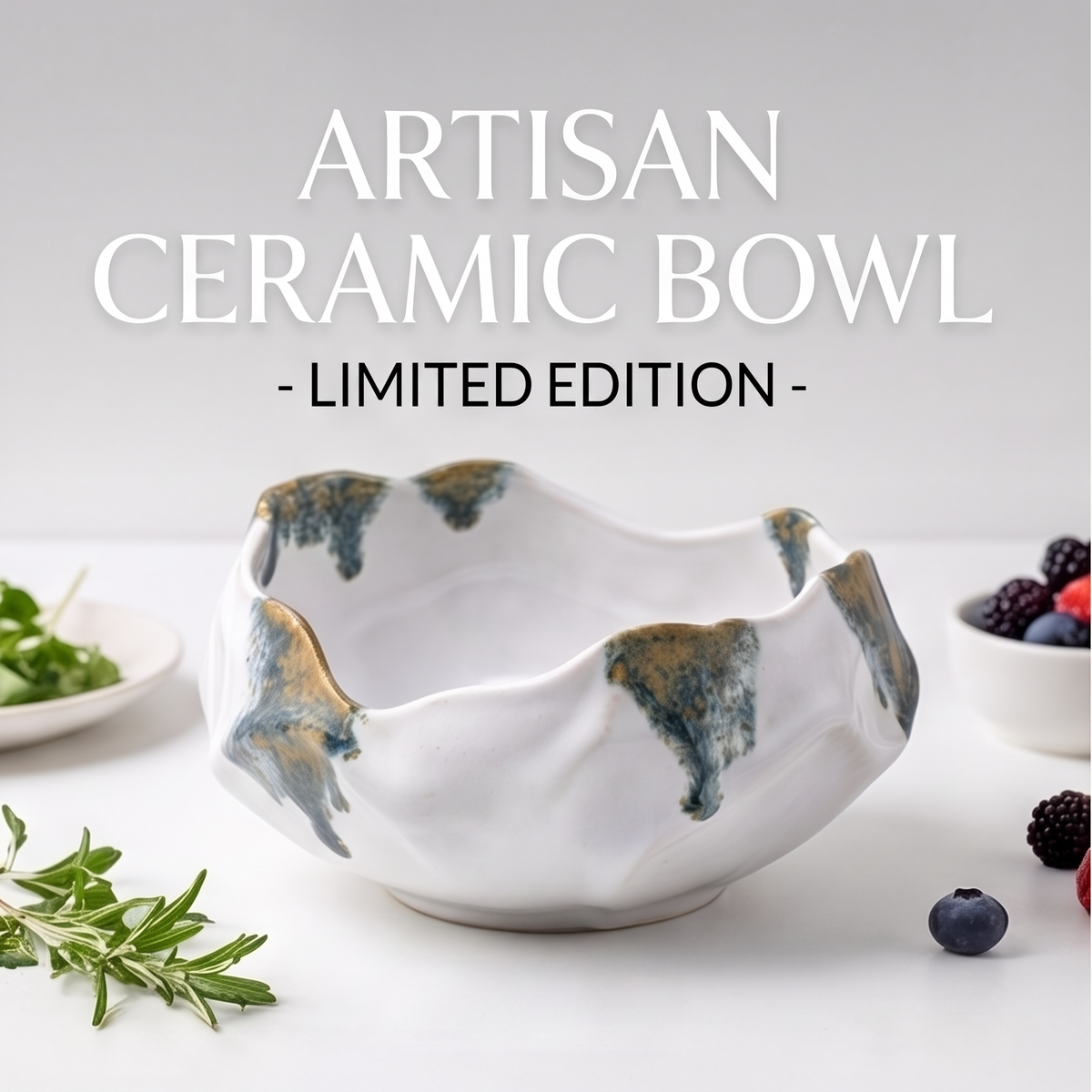 White Wavy-Rim Ceramic Bowl with Blue and Gold Glaze