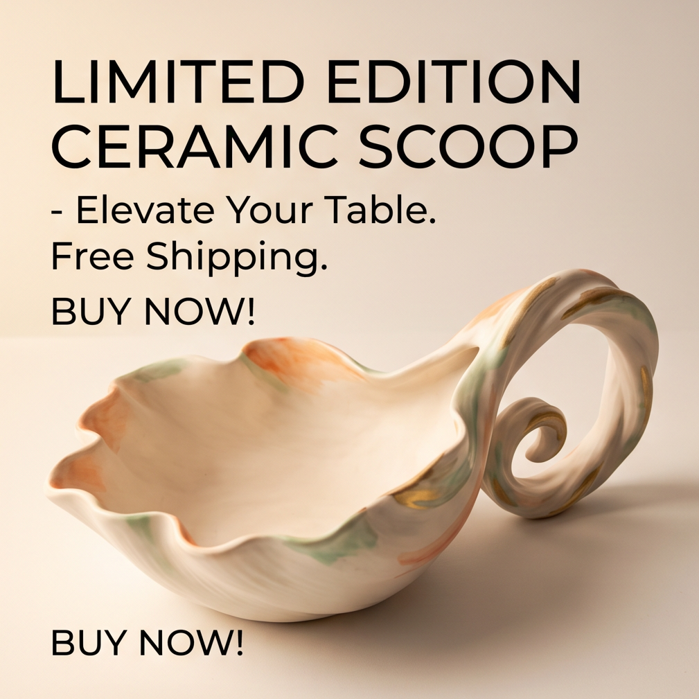 Scalloped Ceramic Serving Spoon with Scroll Handle