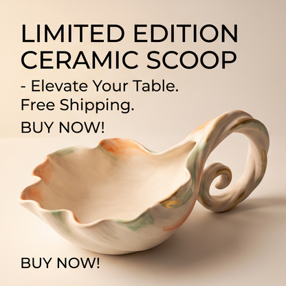 Scalloped Ceramic Serving Spoon with Scroll Handle
