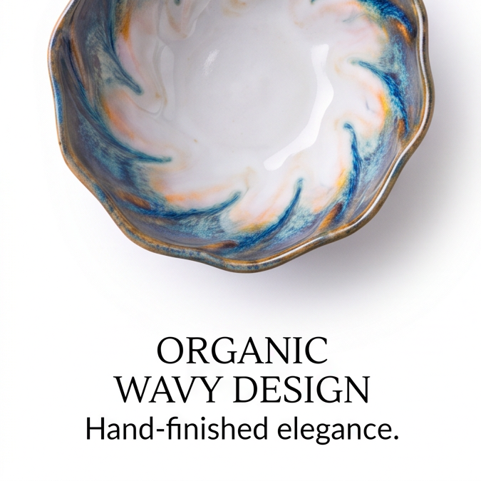Blue and Amber Wavy-Edge Ceramic Serving Bowl