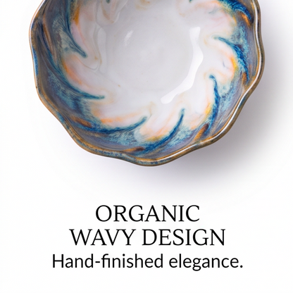 Blue and Amber Wavy-Edge Ceramic Serving Bowl