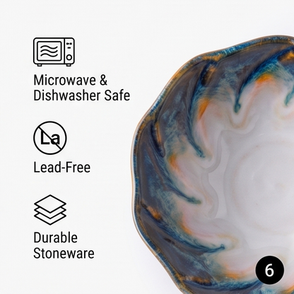 Blue and Amber Wavy-Edge Ceramic Serving Bowl