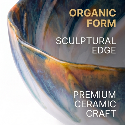 Blue and Amber Wavy-Edge Ceramic Serving Bowl