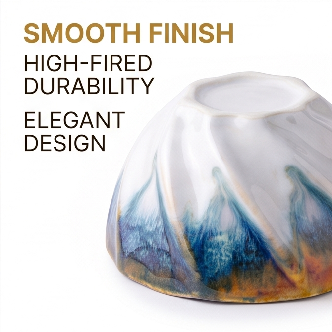 Blue and Amber Wavy-Edge Ceramic Serving Bowl