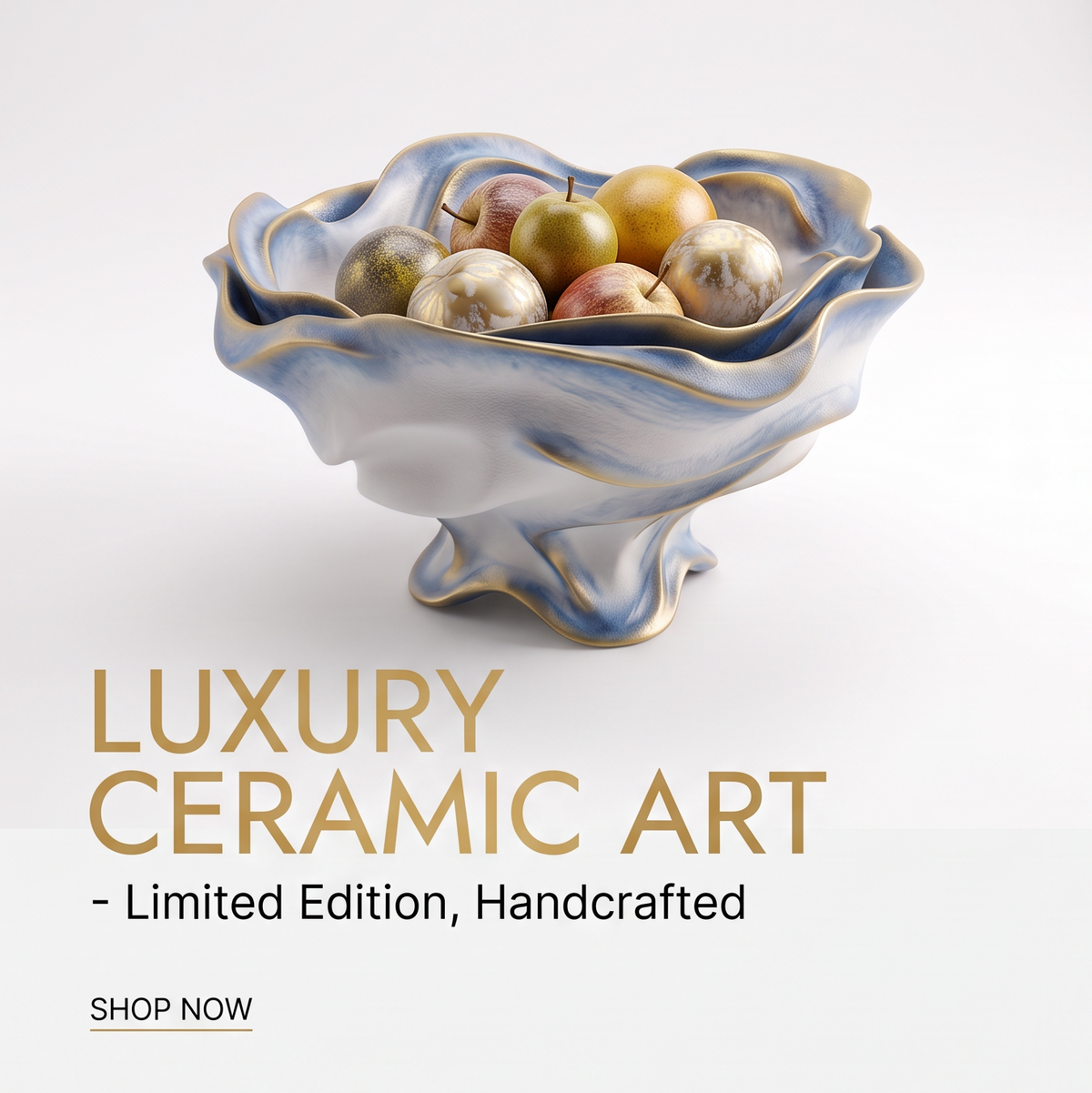 Blue-White Wavy Ceramic Footed Serving Bowl