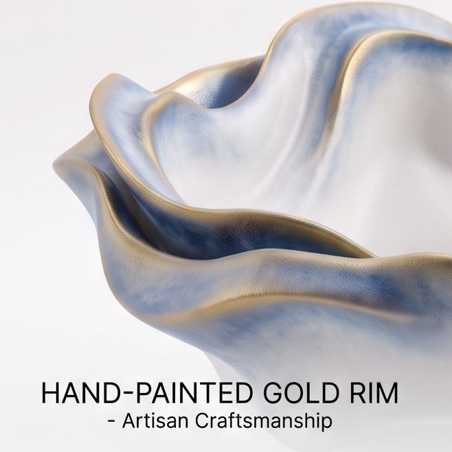 Blue-White Wavy Ceramic Footed Serving Bowl