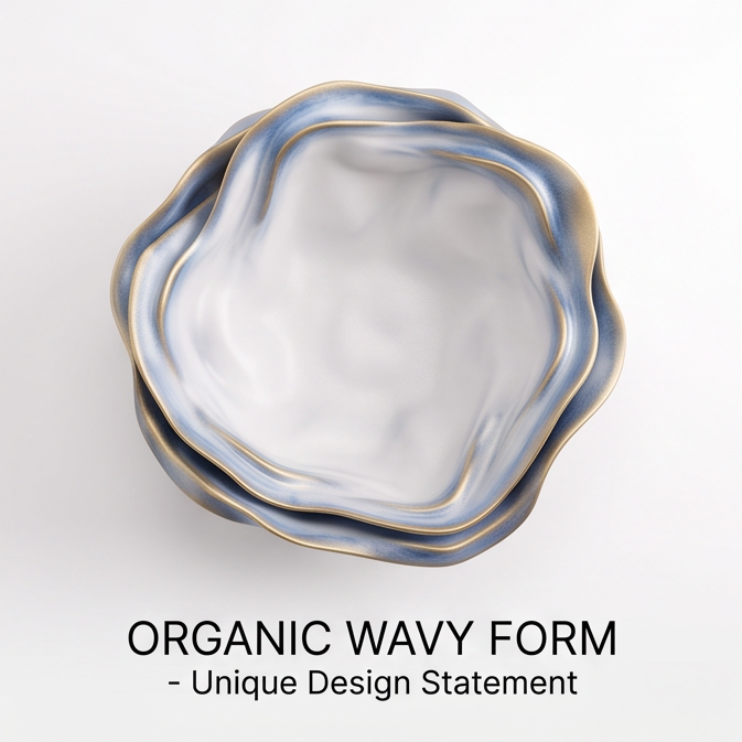 Blue-White Wavy Ceramic Footed Serving Bowl