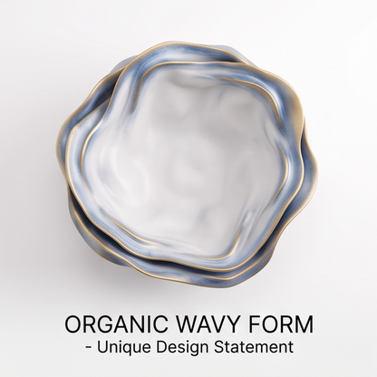 Blue-White Wavy Ceramic Footed Serving Bowl