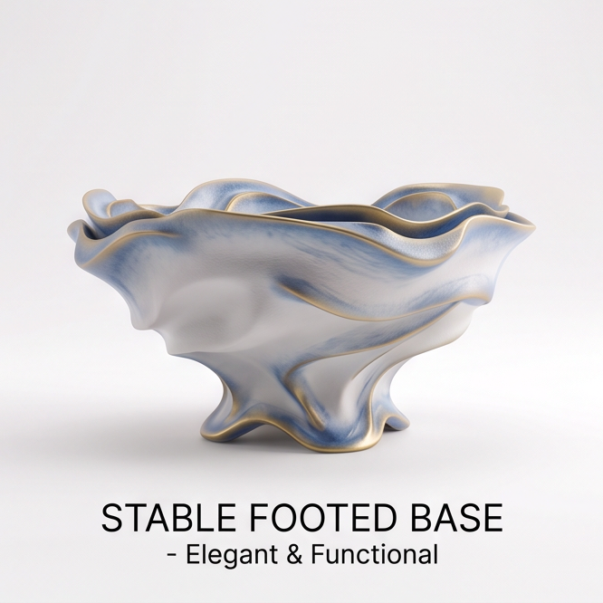 Blue-White Wavy Ceramic Footed Serving Bowl