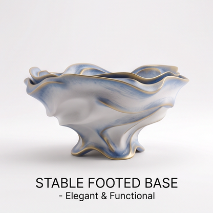 Blue-White Wavy Ceramic Footed Serving Bowl