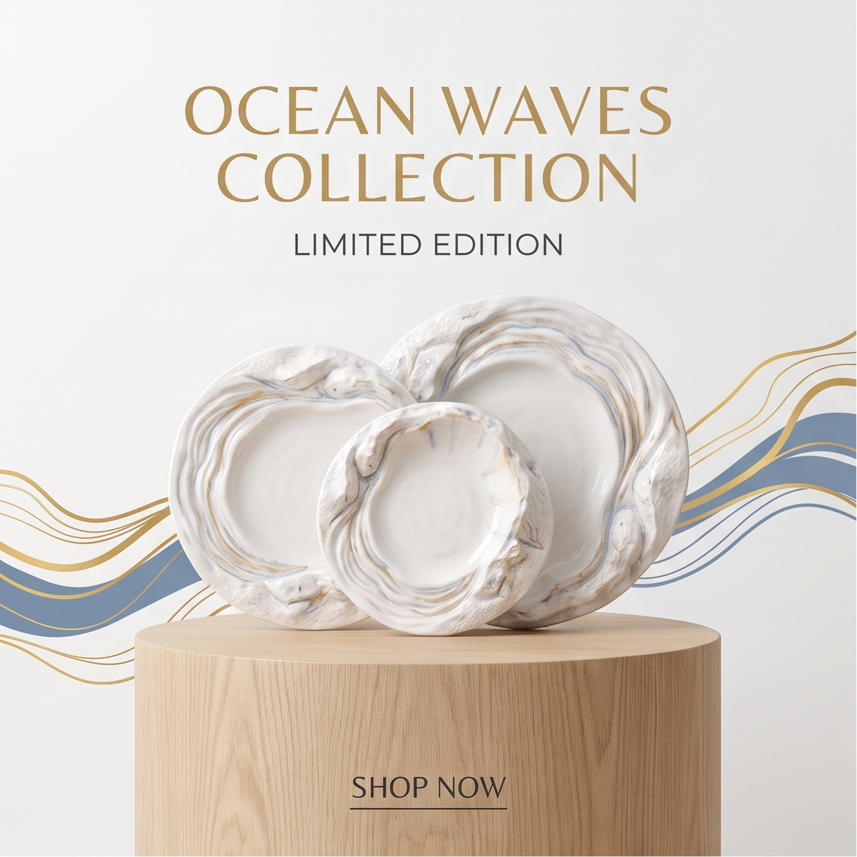 Ocean Waves Collection Luxury White Oyster Ceramic Plate