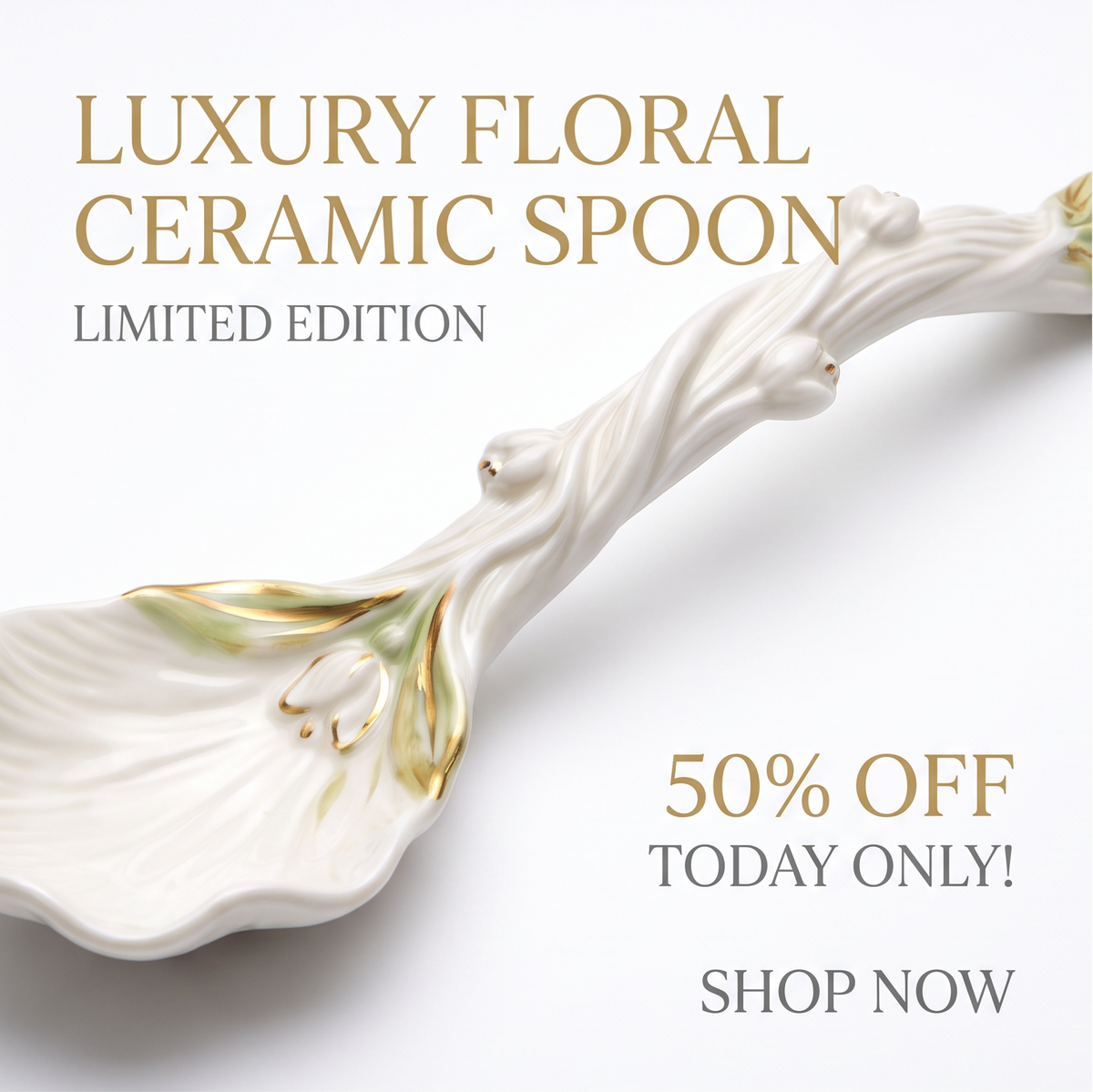 White Tulip Ceramic Dessert Spoon with Gold Accents