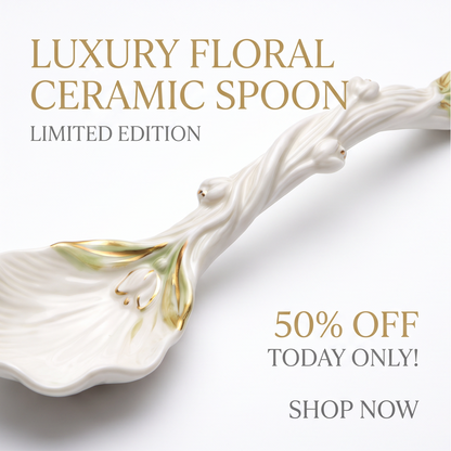 White Tulip Ceramic Dessert Spoon with Gold Accents