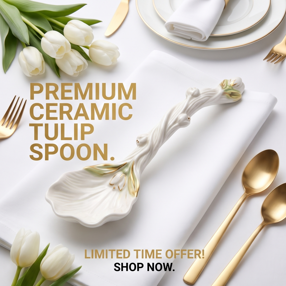 White Tulip Ceramic Dessert Spoon with Gold Accents