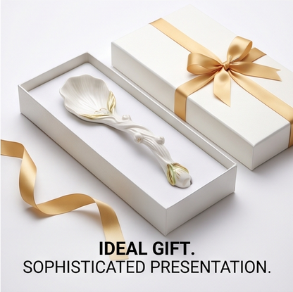 White Tulip Ceramic Dessert Spoon with Gold Accents