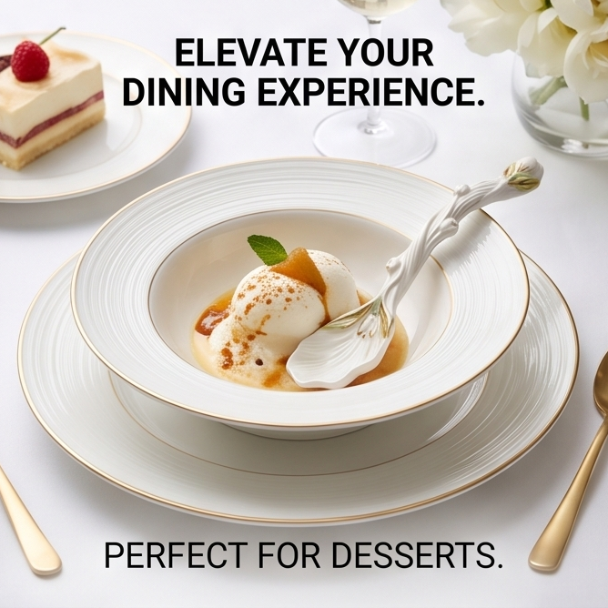 White Tulip Ceramic Dessert Spoon with Gold Accents
