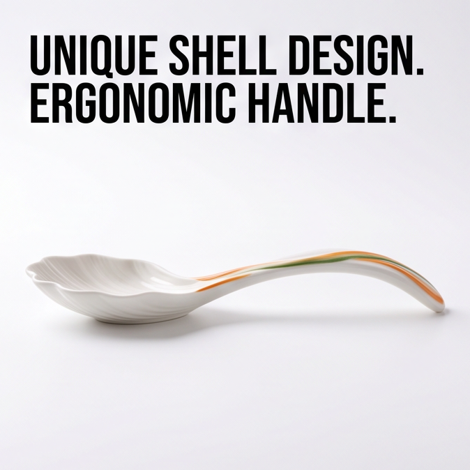 White Shell-Shaped Ceramic Spoon with Curved Handle