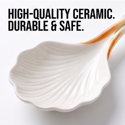 White Shell-Shaped Ceramic Spoon with Curved Handle