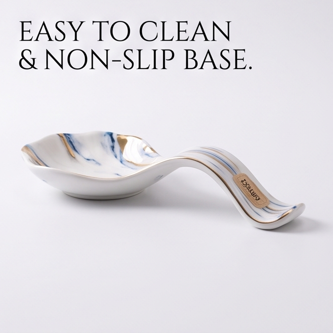 Blue Marble-Pattern Ceramic Spoon Rest with Gold Accents