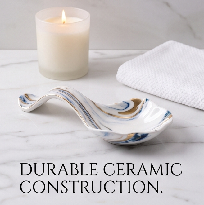 Blue Marble-Pattern Ceramic Spoon Rest with Gold Accents