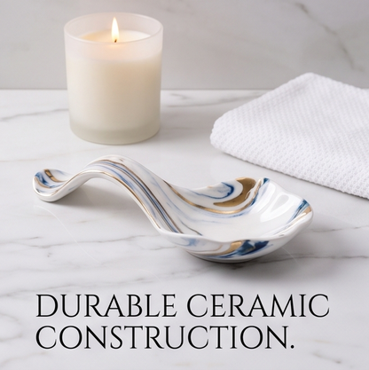 Blue Marble-Pattern Ceramic Spoon Rest with Gold Accents