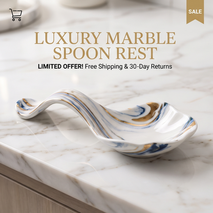 Blue Marble-Pattern Ceramic Spoon Rest with Gold Accents