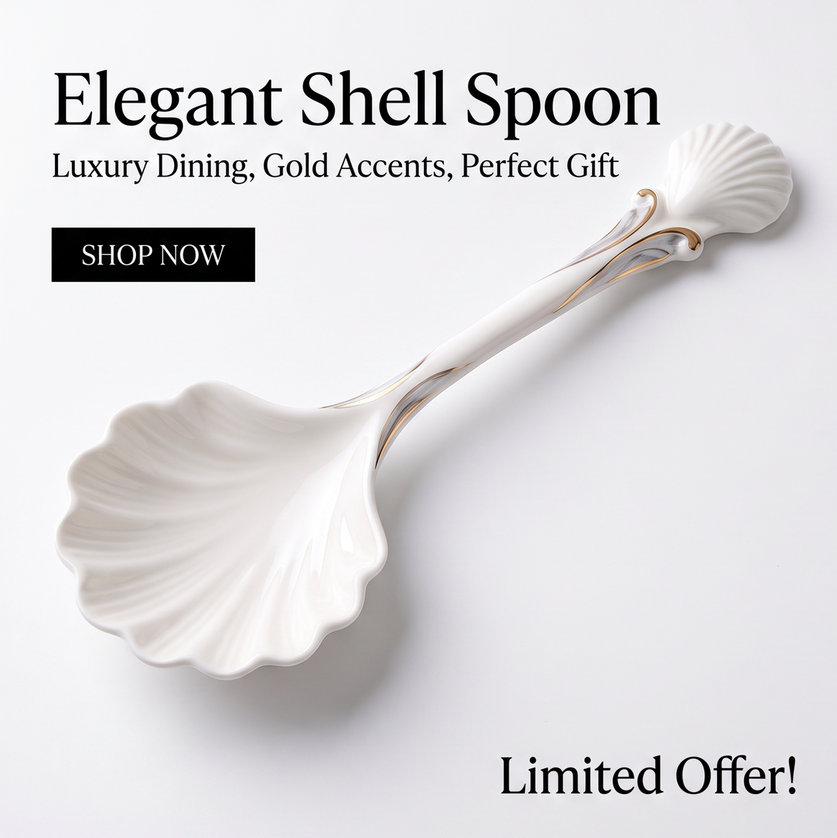 White Shell-Shaped Porcelain Dessert Spoon with Gold Trim