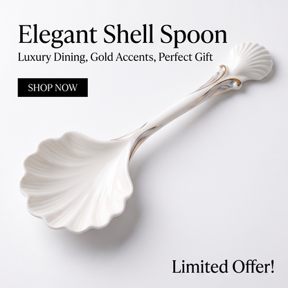 White Shell-Shaped Porcelain Dessert Spoon with Gold Trim