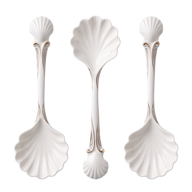 White Shell-Shaped Porcelain Dessert Spoon with Gold Trim