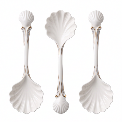 White Shell-Shaped Porcelain Dessert Spoon with Gold Trim