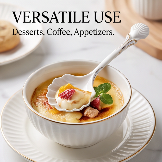 White Shell-Shaped Porcelain Dessert Spoon with Gold Trim