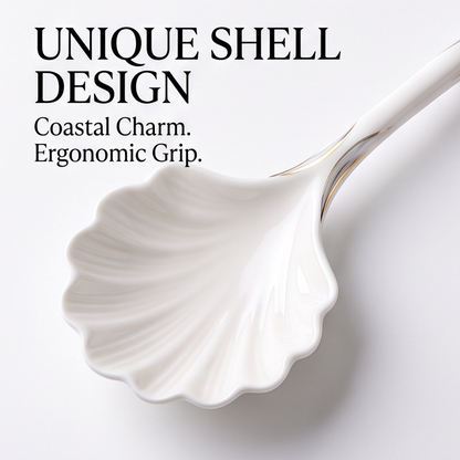White Shell-Shaped Porcelain Dessert Spoon with Gold Trim