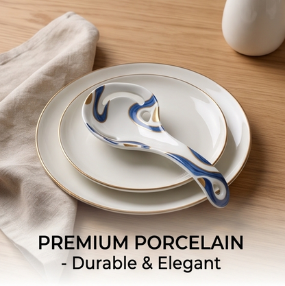 Blue and Gold Ceramic Serving Ladle with Curved Handle