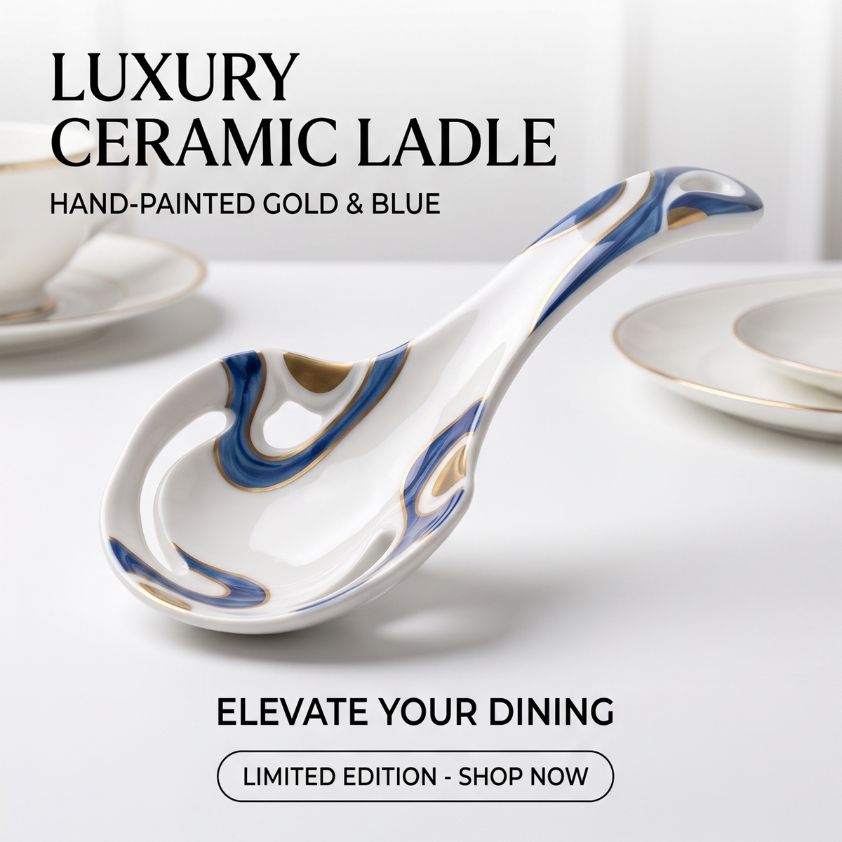 Blue and Gold Ceramic Serving Ladle with Curved Handle