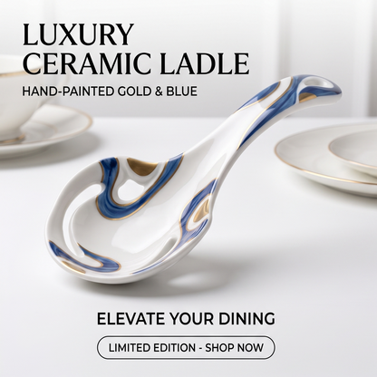 Blue and Gold Ceramic Serving Ladle with Curved Handle