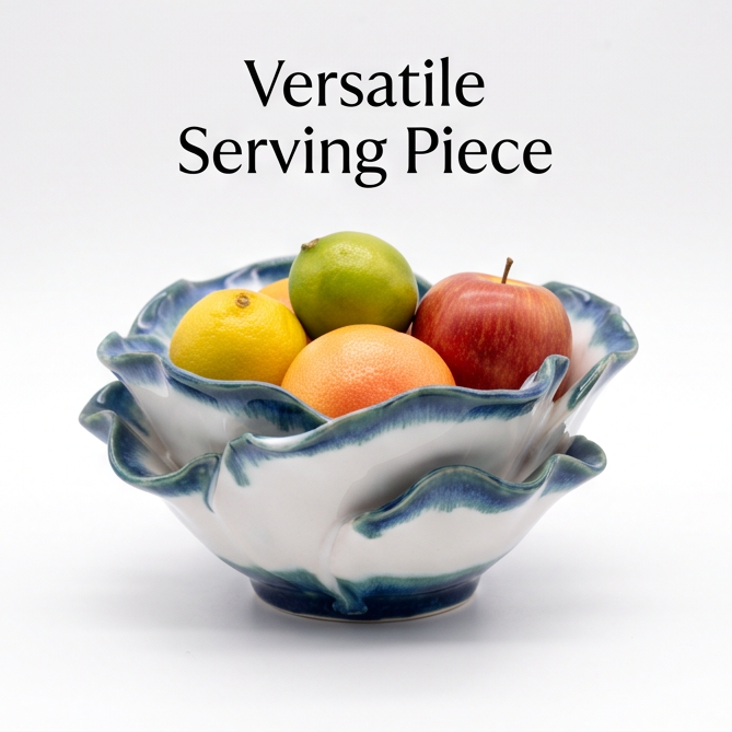 Blue-Edged Petal Ceramic Serving Bowl