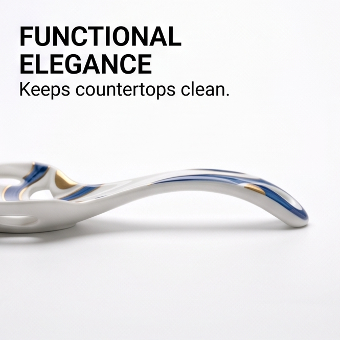Blue and Gold Ceramic Serving Ladle with Curved Handle